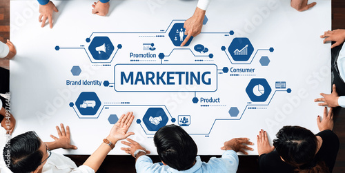 Obraz na płótnie A captivating overview of various marketing elements illustrated on a table, emphasizing teamwork and collaboration in strategizing effective promotional efforts. Amity w salonie
