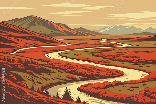 81 Icelandic landscape, winding river, vibrant red moss, autumn colors, rolling hills, distant mountains, aerial view, dramatic scenery, tundra vegetation, subarctic environment, painterly effect, sof