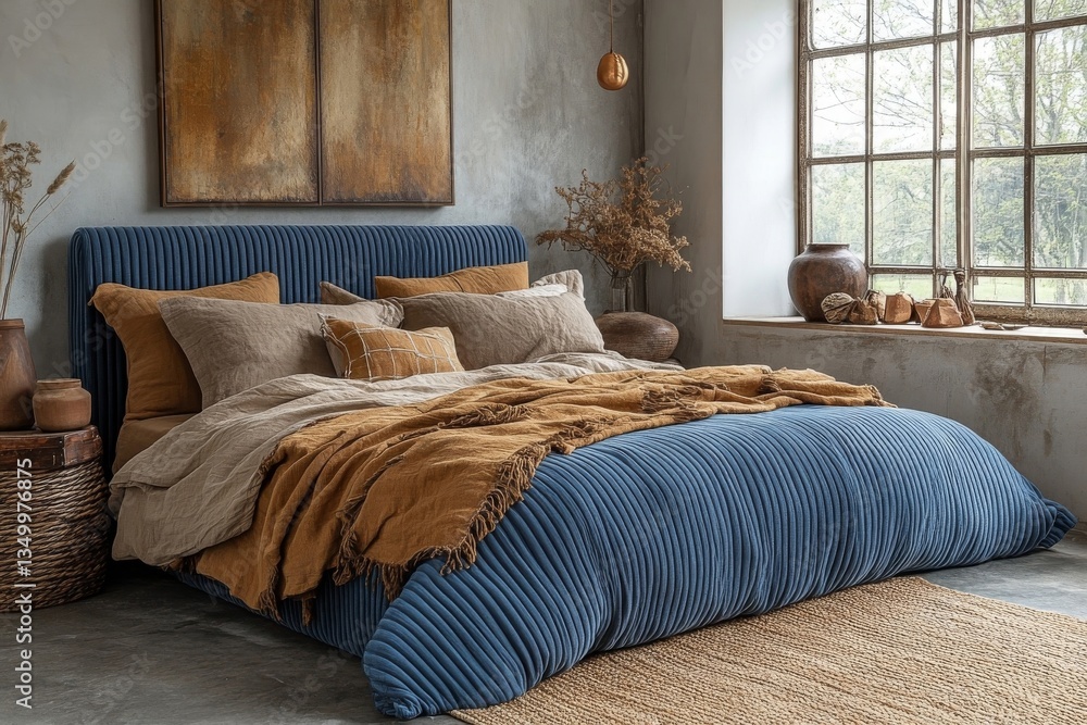 Obraz premium Serene Bedroom Interior Design with Blue Velvet Bed and Earthy Tones