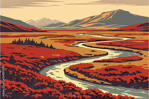 81 Icelandic landscape, winding river, vibrant red moss, autumn colors, rolling hills, distant mountains, aerial view, dramatic scenery, tundra vegetation, subarctic environment, painterly effect, sof