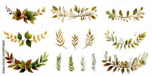 Whimsical watercolor icon set of unique leaves on white background for weddings nature illustrations