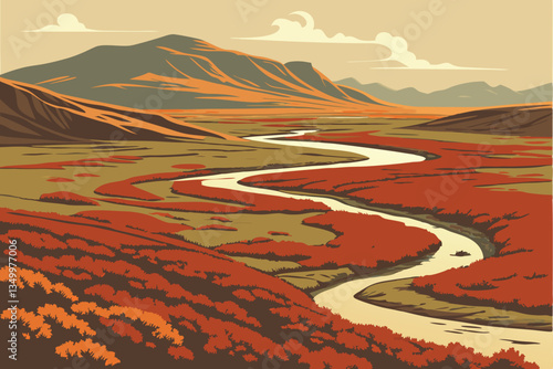 81 Icelandic landscape, winding river, vibrant red moss, autumn colors, rolling hills, distant mountains, aerial view, dramatic scenery, tundra vegetation, subarctic environment, painterly effect, sof