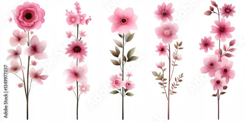 Whimsical watercolor flower icon set on white background unique floral art collection nature inspired