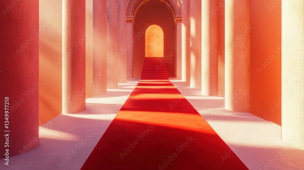 Red carpet pathway in a sunlit pink colonnade hallway. Red carpet pathway in a sunlit pink colonnade hallway.