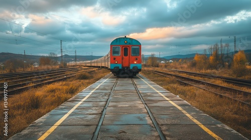 Train Travels Along Tracks in a Rural Landscape During Sunset With Colorful Sky