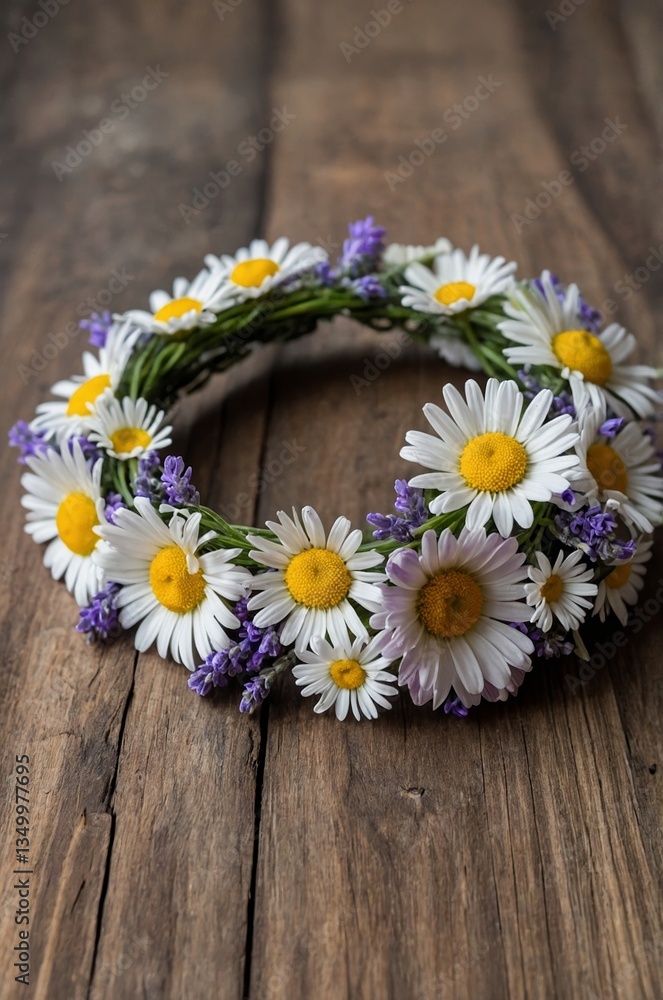 Obraz premium Floral crown made with daisies and lavender on rustic wooden surface for celebration or decoration