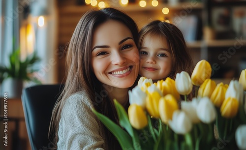 Smiling Mother and Daughter Enjoying a Joyful Moment in a Cozy Indoor Setting...