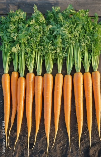 Freshly Harvested Carrots Lined up on Earthy Soil in a Vibrant Garden Setting