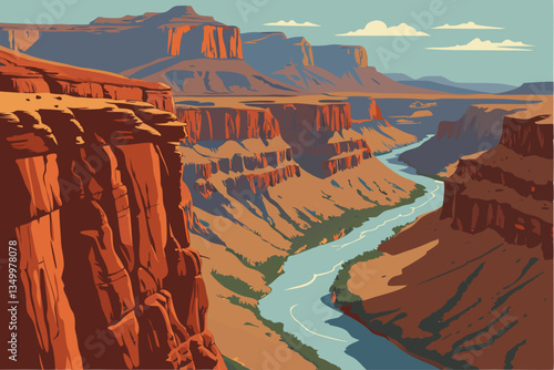 82 Grand Canyon panorama, winding turquoise river, towering red rock formations, steep canyon walls, layered geological strata, vibrant desert landscape, expansive blue sky, aerial perspective, dramat