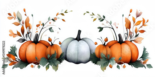 Unique watercolor pumpkin patch icon set on white background - seasonal autumn decor nature graphic design