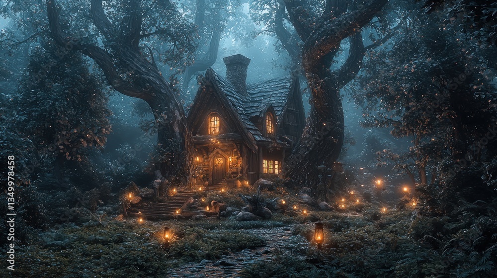 Obraz premium Mystical, enchanted forest cottage nestled amidst ancient trees, illuminated by warm, glowing lanterns.