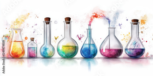 Unique watercolor icon set of colorful test tubes on white background science concept in soft watercolor