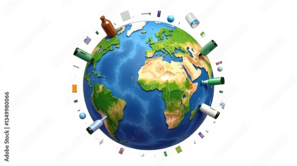 Naklejka premium Image of planet Earth with garbage, plastic on it. Planet against plastic, Earth day concept. Ecology, recycling concept