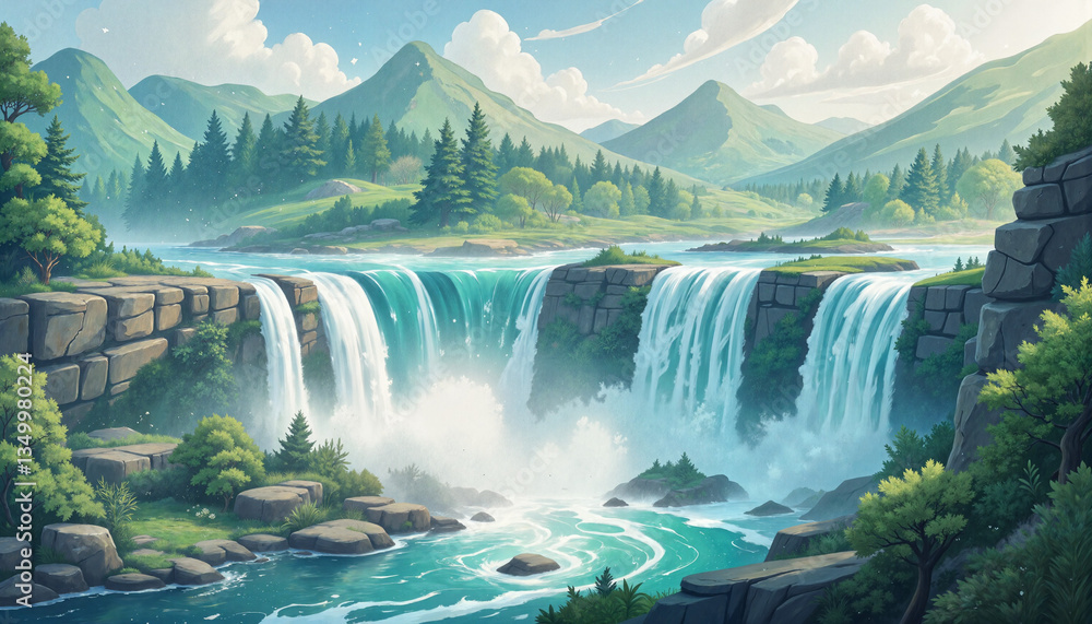 Waterfall cascading down rocks with lush mountain background Waterfall cascading down rocks with lush mountain background