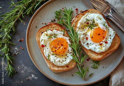 Delicious Fried Eggs Served on Toasted Bread With Fresh Herbs and Spices