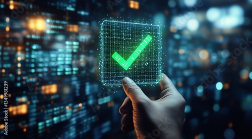 Digital Approval Interface Displayed on a Holographic Screen in a Futuristic ...