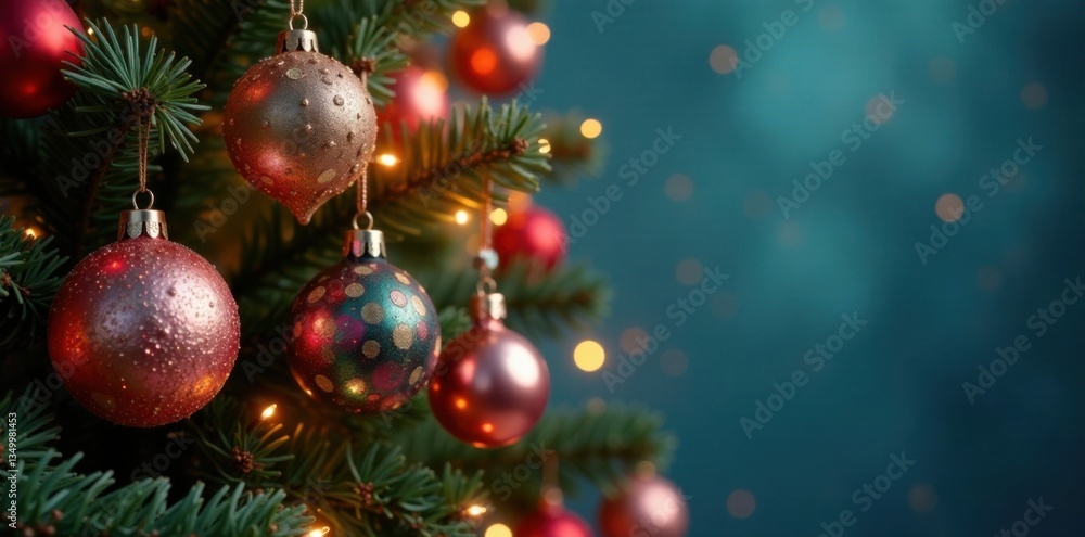 Vibrant Christmas tree adorned with iridescent baubles and softly glowing string lights, Christmas tree, Festive colors Vibrant Christmas tree adorned with iridescent baubles and softly glowing string lights, Christmas tree, Festive colors