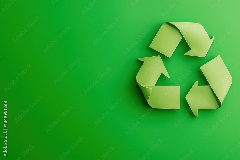 A vibrant green recycling sign with three textured arrows glowing softly on a solid background symbolizing sustainability A vibrant green recycling sign with three textured arrows glowing softly on a solid background symbolizing sustainability