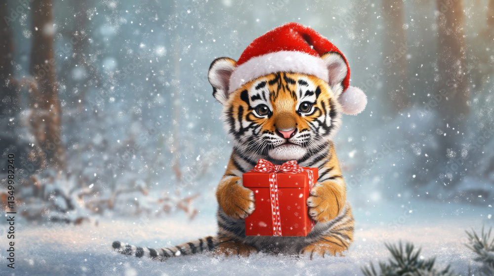 Merry Christmas cartoon landing page. Cute tiger character wear Santa Claus hat holding gift box in winter forest. Wild funny kitten animal cub, kawaii 2022 chinese zodiac symbol, Vector web banner Merry Christmas cartoon landing page. Cute tiger character wear Santa Claus hat holding gift box in winter forest. Wild funny kitten animal cub, kawaii 2022 chinese zodiac symbol, Vector web banner