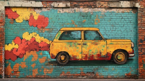 Graffiti art of a vintage yellow car with colorful exhaust smoke on a teal brick wall.