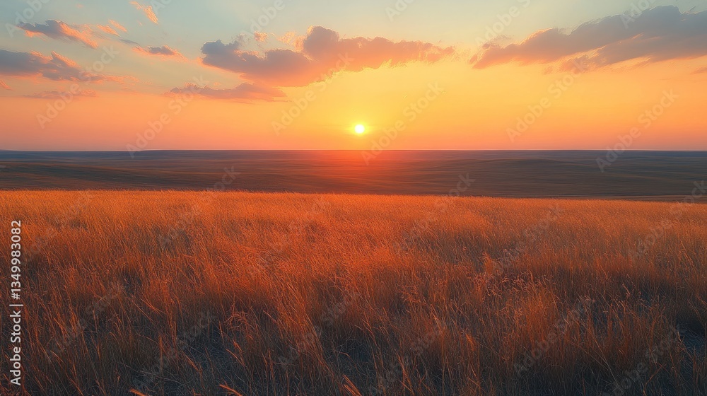 Fototapeta premium Golden sunset over a vast grassy plain.