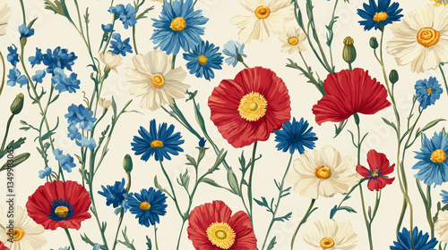 Wallpaper Mural Seamless pattern with chamomile, cornflowers and poppies flowers. Vector illustration Torontodigital.ca