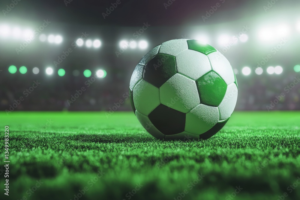 Fototapeta premium 3D rendering of a green soccer ball in a stadium background. Digital illustration of a football for a sport game