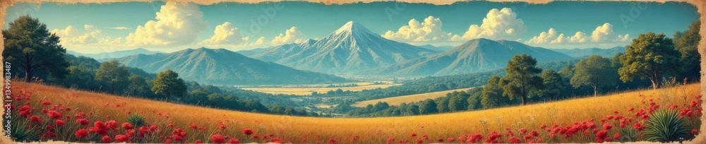 Fototapeta premium Vintage style blueprint illustration over a scenic landscape, blueprint, nature