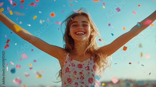 Joyful Girl Celebrating With Colorful Confetti at a Sunny Outdoor Event by th...