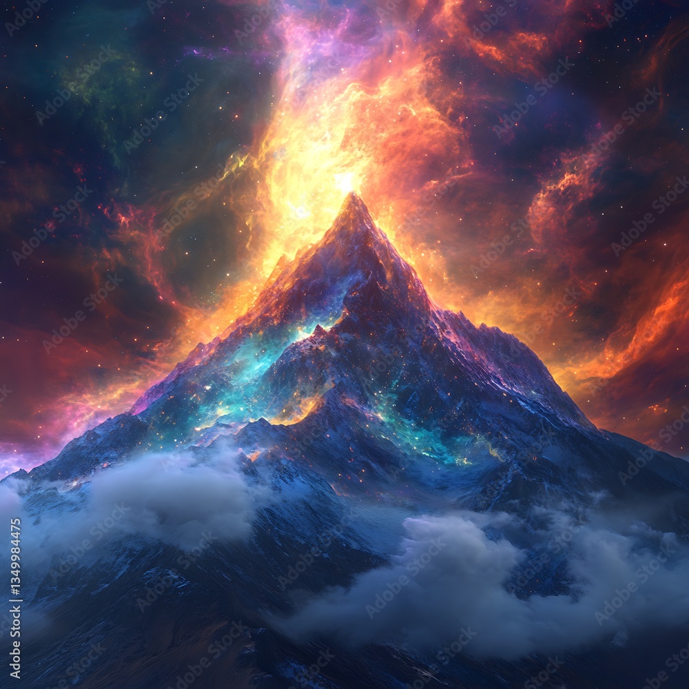 Naklejka premium Erupting snow-capped mountain in cosmic ambiance