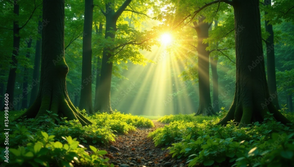 Fototapeta premium Warm sunlight filtering through forest canopy creates emerald glow, sunlight, forest