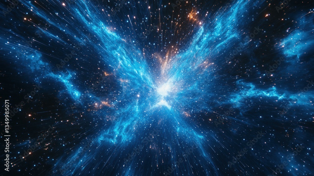 Fototapeta premium Abstract cosmic explosion, with vibrant blue and orange energy radiating outward through a dark space filled with tiny glittering particles.