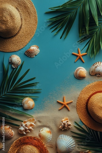Summer Beach Accessories Arranged on a Blue Surface With Seashells and Starfish