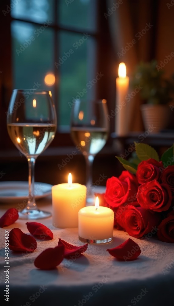 Candlelit table setting with wine glasses and roses , restaurant, heart shaped Candlelit table setting with wine glasses and roses , restaurant, heart shaped