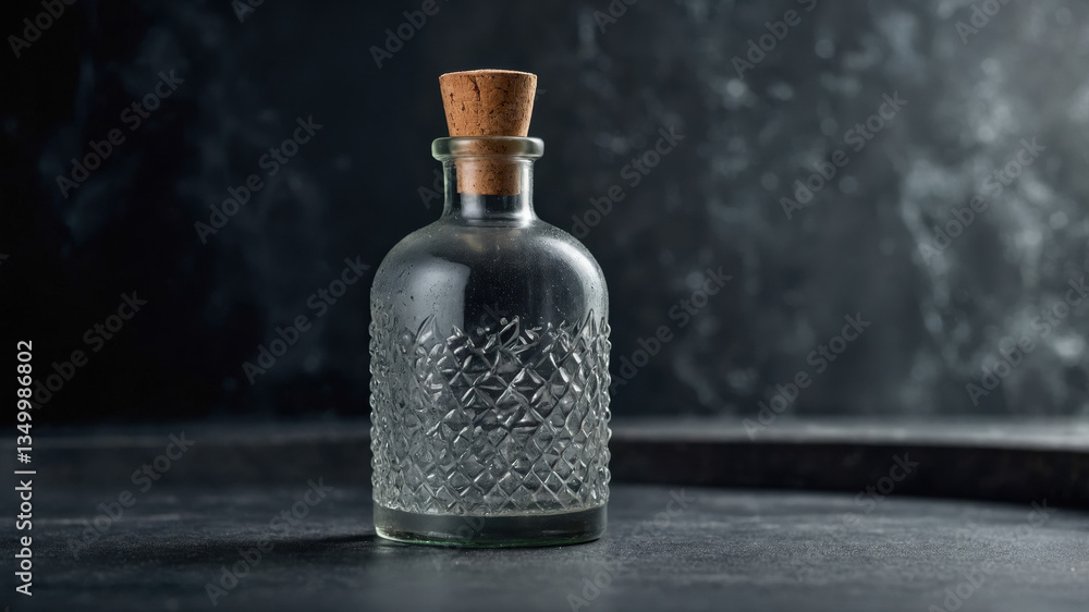 Crystal decanter with cork stopper standing on dark surface Crystal decanter with cork stopper standing on dark surface