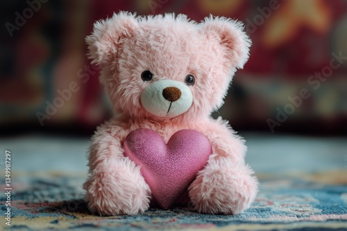 Soft Pink Teddy Bear Holding a Heart on a Fluffy Background in a Cozy Indoor ...