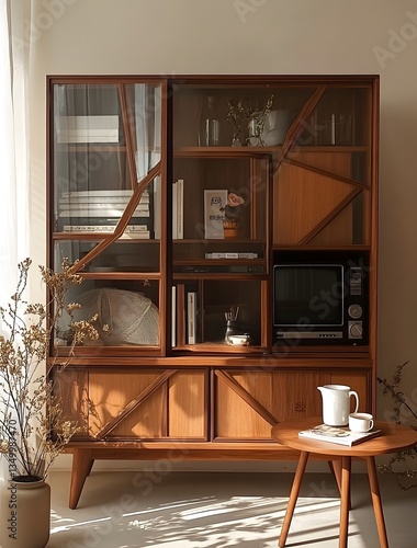 A vintage wooden cabinet displays books and other decorative objects