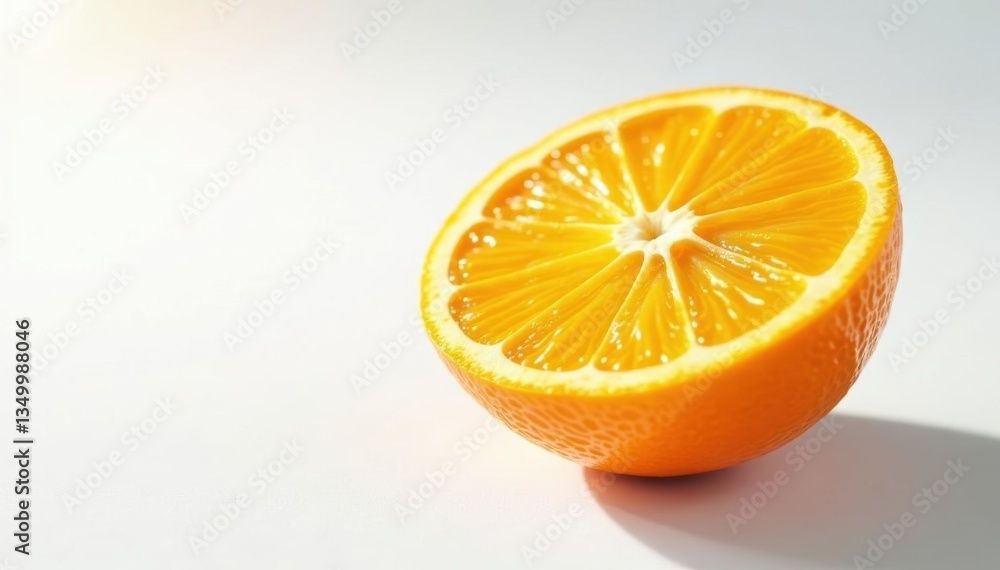 Single orange slice, sunlit, glossy texture, pure white background, vitamin c, simple, product photography Single orange slice, sunlit, glossy texture, pure white background, vitamin c, simple, product photography
