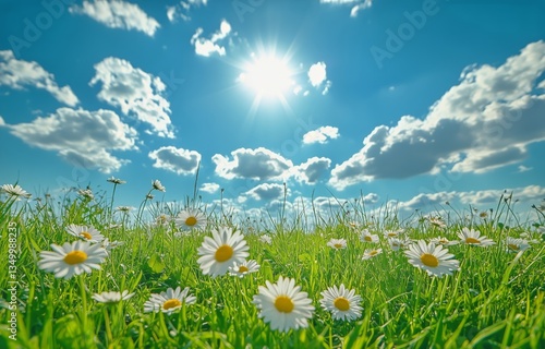 Bright Sunny Day With Daisies Blooming in a Lush Green Field Under a Vibrant ...