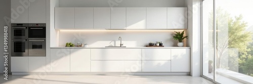 Sleek minimalist kitchen, white cabinets, quartz countertop, utensils, backsplash, quartz countertop