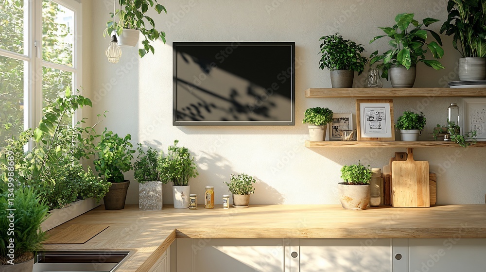 Fototapeta premium Sunlit Kitchen with Abundant Greenery and Modern Decor