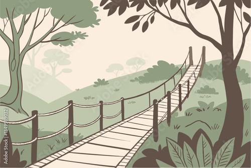 87 Watercolor painting, wooden suspension bridge, forest path, tranquil nature scene, misty atmosphere, soft green foliage, ethereal landscape, rope railings, vanishing point perspective, dreamy wilde