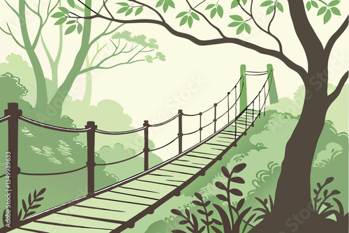 87 Watercolor painting, wooden suspension bridge, forest path, tranquil nature scene, misty atmosphere, soft green foliage, ethereal landscape, rope railings, vanishing point perspective, dreamy wilde