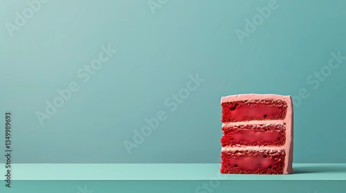 Slices of moist red velvet cake with cream cheese frosting on a teal countertop showcasing desserts in a modern kitchen Generative AI