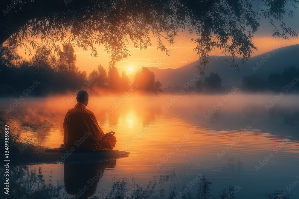 Monk in Meditation at Sunrise by Tranquil Lake, Serene Reflection Monk in Meditation at Sunrise by Tranquil Lake, Serene Reflection