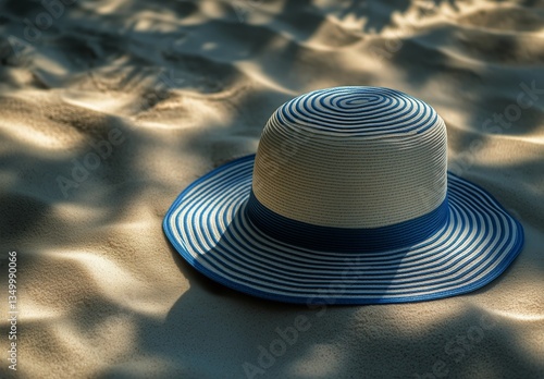 Stylish Striped Sun Hat Resting on Sandy Beach During Sunny Day