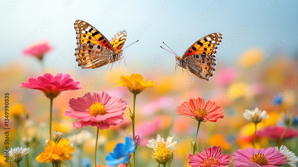 Obraz premium Two butterflies flying over a colorful flower field.