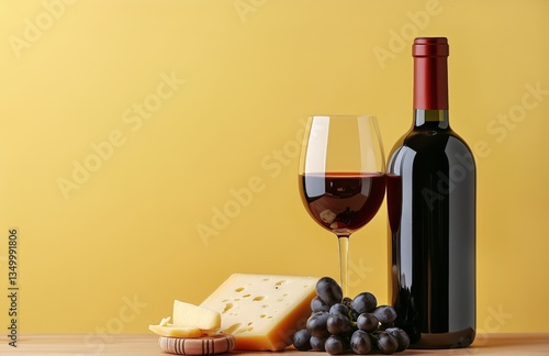 Wine and Cheese Arrangement With Grapes on Wooden Table Against Yellow Backdrop