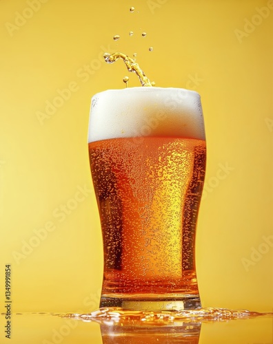 Frothy Beer Splashes From a Glass Against a Vibrant Yellow Backdrop