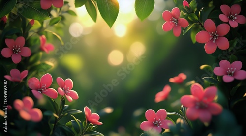 Bright Pink Flowers Frame a Serene Green Landscape During a Sunny Spring Day ...